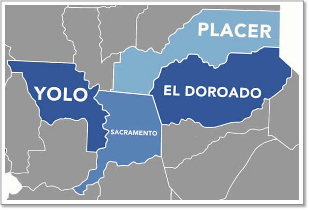 Map of Sacramento, Placer, El Dorado, and Yolo Counties
